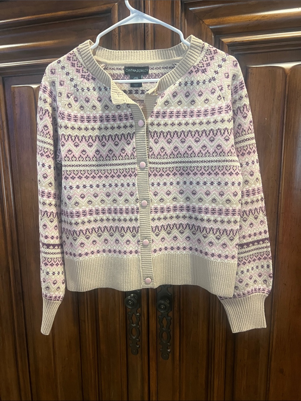 Cynthia Rowley Cream and Lavender Fair Isle Button Cardigan